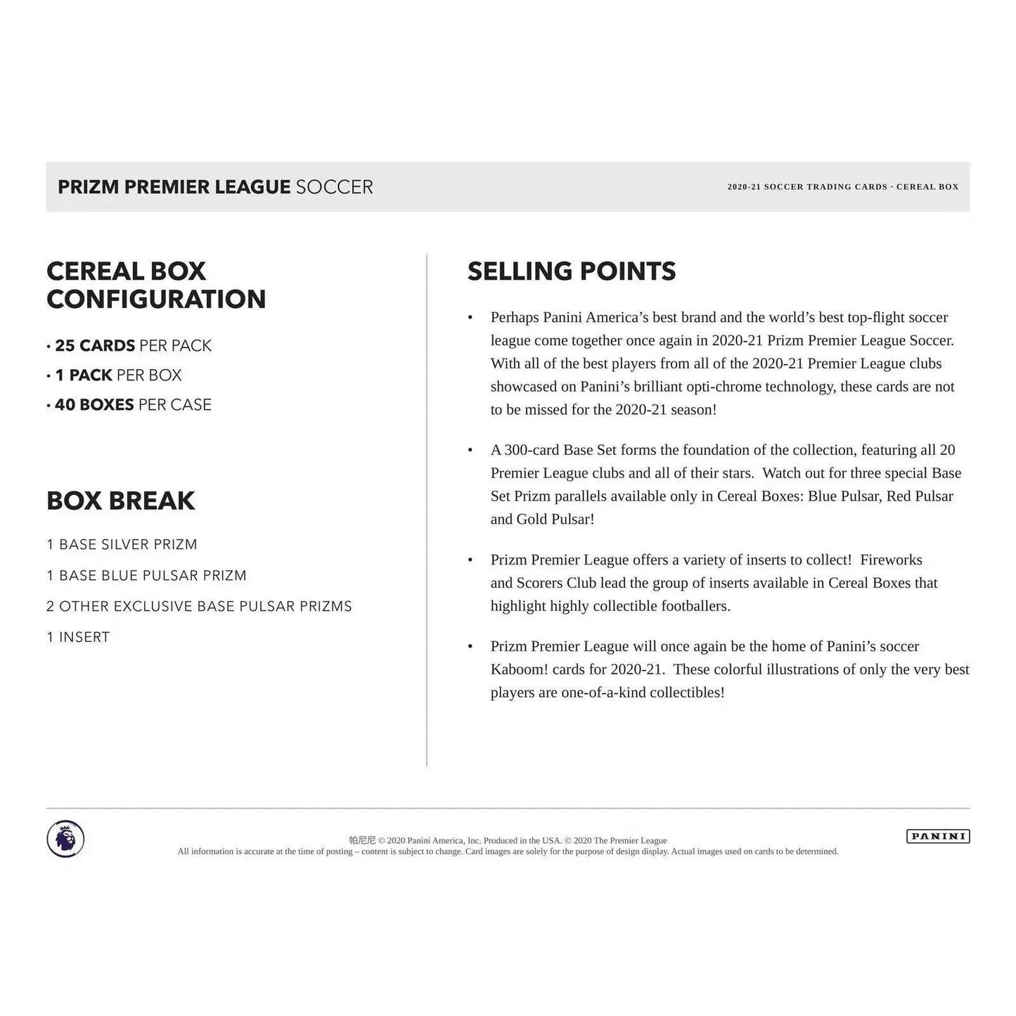 2020/21 Panini Prizm Premier League EPL Soccer Cereal Box