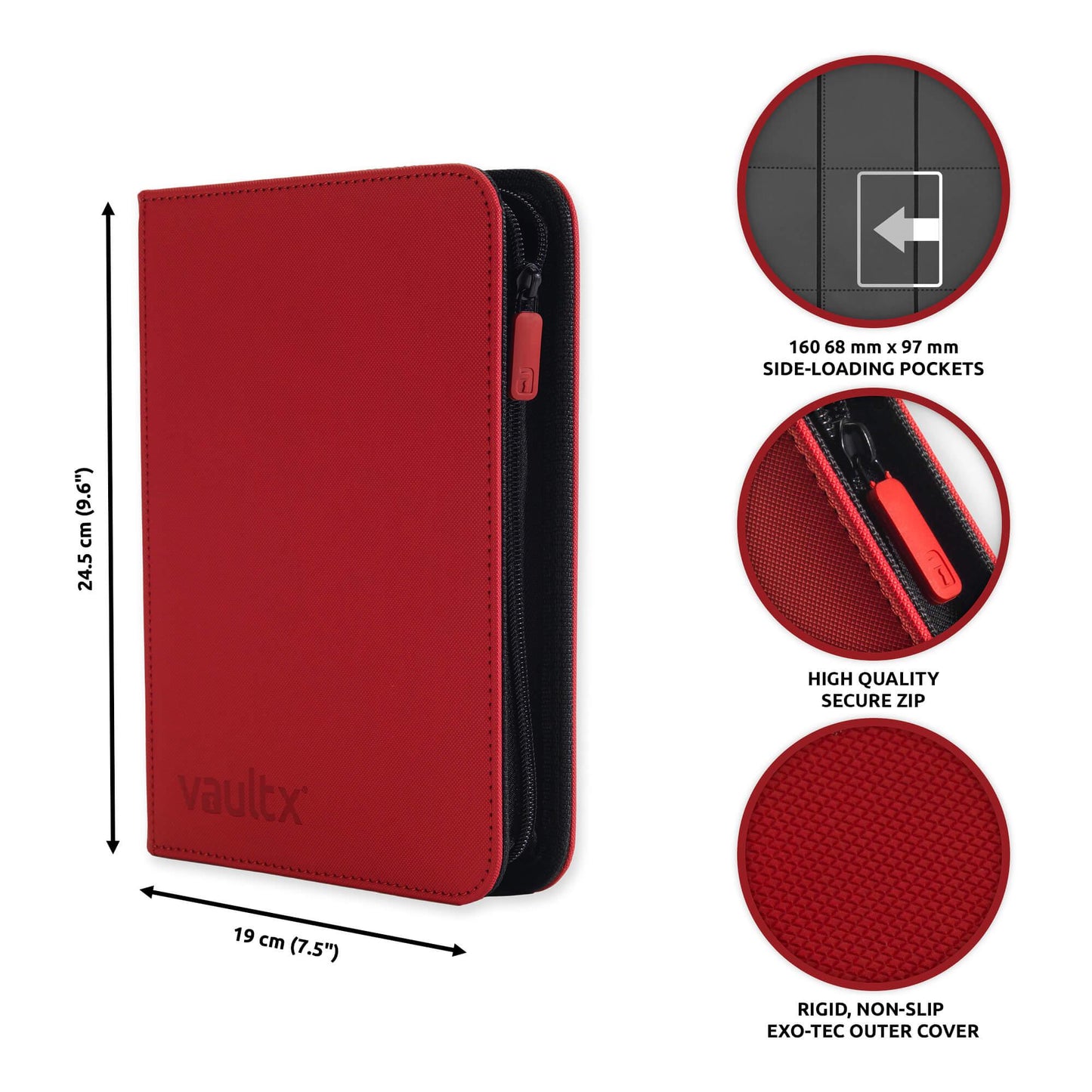 Vault X Premium Exo-Tec® 4 Pocket Zip Card Binder - Red